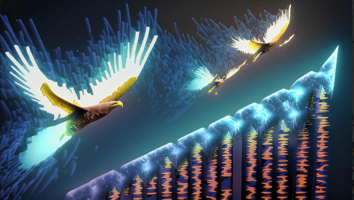 Two upbeat eagles soaring through the sky.