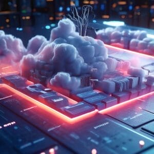 3d rendering of a futuristic city with clouds and neon lights.