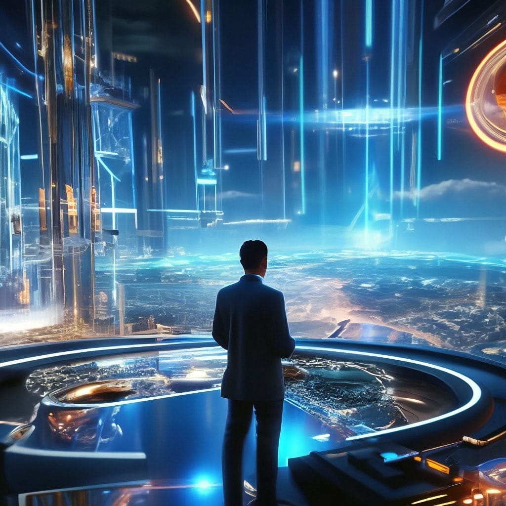 Case Study: A man in a suit standing in front of a futuristic city, showcasing the accelerated resort opening times achieved with Enteros UpBeat.