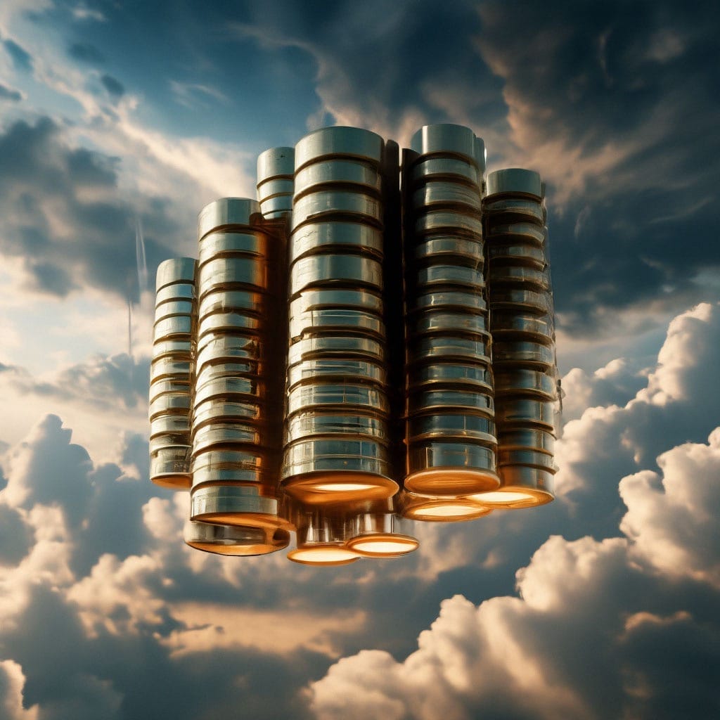 A cloudy sky with a bunch of Enteros metal cylinders in the sky.