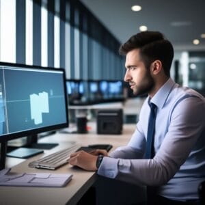 A man is working on a computer in an office, focused on achieving financial operations efficiency and fostering a positive and collaborative work environment.