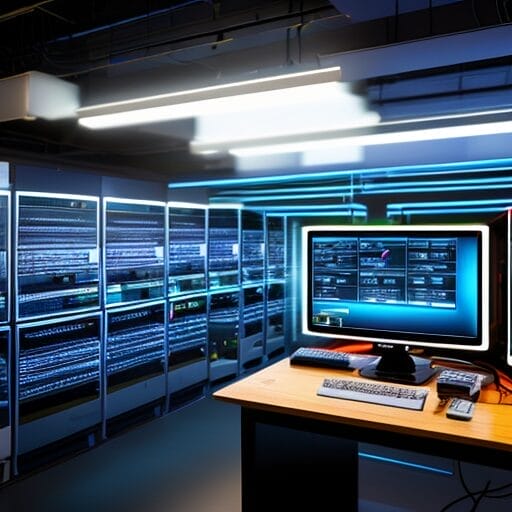 A server room with many computers and monitors used for databases and computer game development.