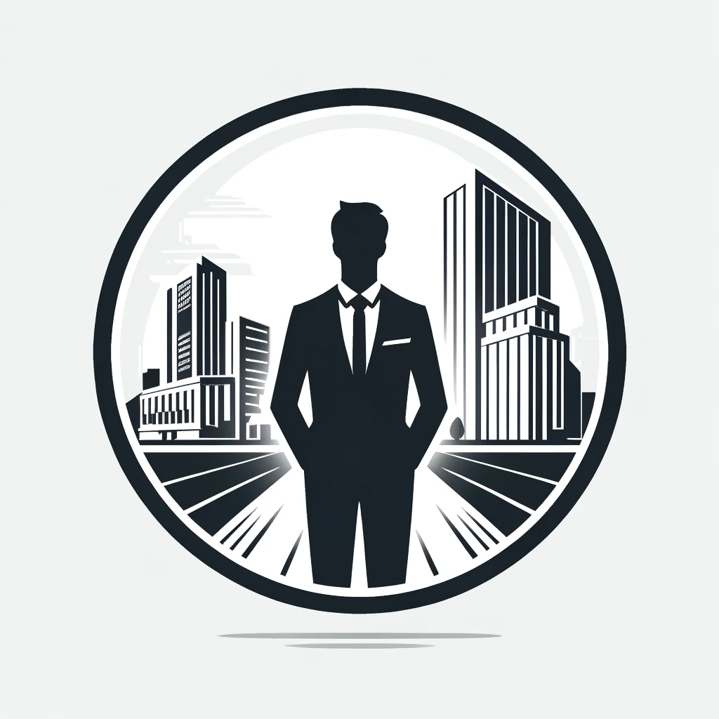 Silhouette of a man in a suit standing in front of a cityscape, framed within a circular border, exuding an aura of management and leadership.