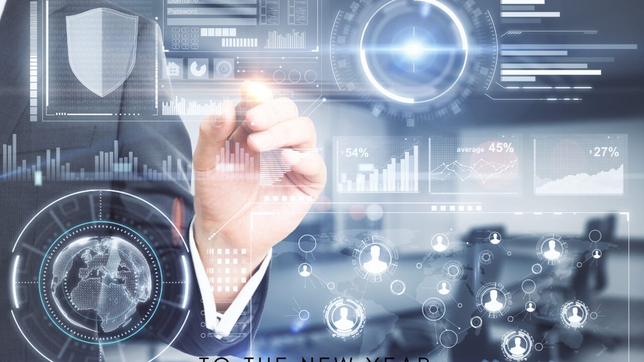 In a tech-themed environment, a person interacts with virtual futuristic screens displaying real estate insights and digital elements, seamlessly blending data, charts, and logical modeling for an enhanced analytical experience.