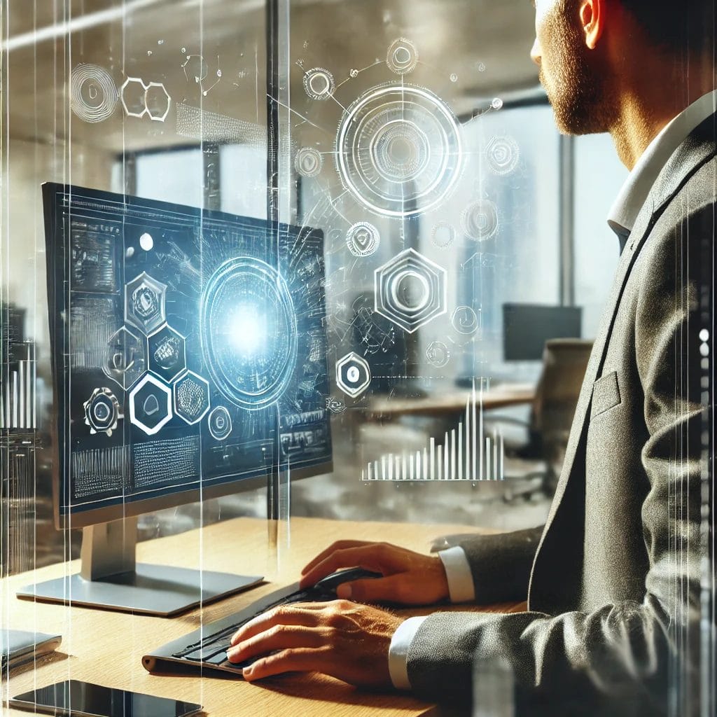 A man in a suit works on a computer with digital holographic data displays surrounding him in a modern office.