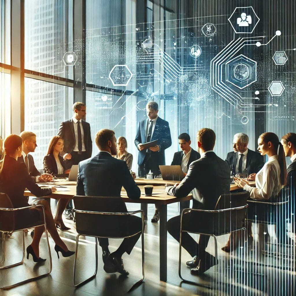 A group of business professionals in formal attire sit around a conference table with laptops, discussing. Digital graphics overlay the scene.