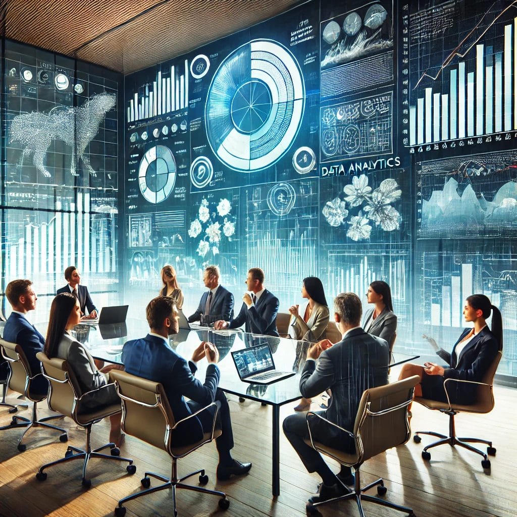 Business meeting with people seated around a glass table, surrounded by large digital screens displaying various graphs, charts, and data analytics focused on database performance management.