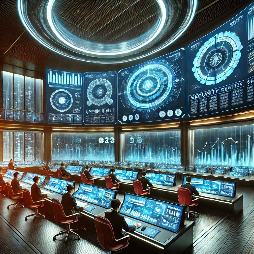 In a futuristic control room, large digital screens display dynamic data and graphics, supporting intricate database performance management. People work at desks with monitors while a bustling cityscape unfolds through expansive windows.
