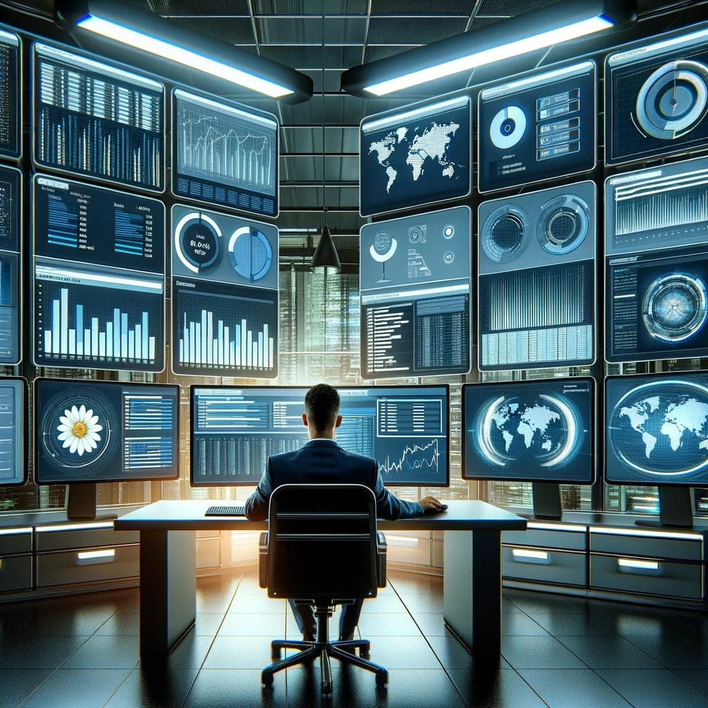 A person sits at a desk surrounded by large screens, meticulously monitoring database performance management, with graphs, charts, and maps illuminating the modern control room environment.