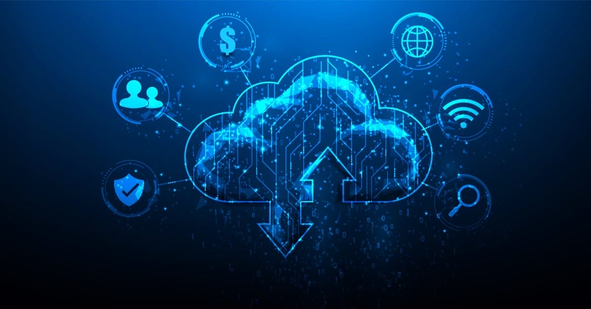 Digital cloud graphic with icons representing users, currency, globe, Wi-Fi, magnifying glass, and shield, connected through lines on a blue background.