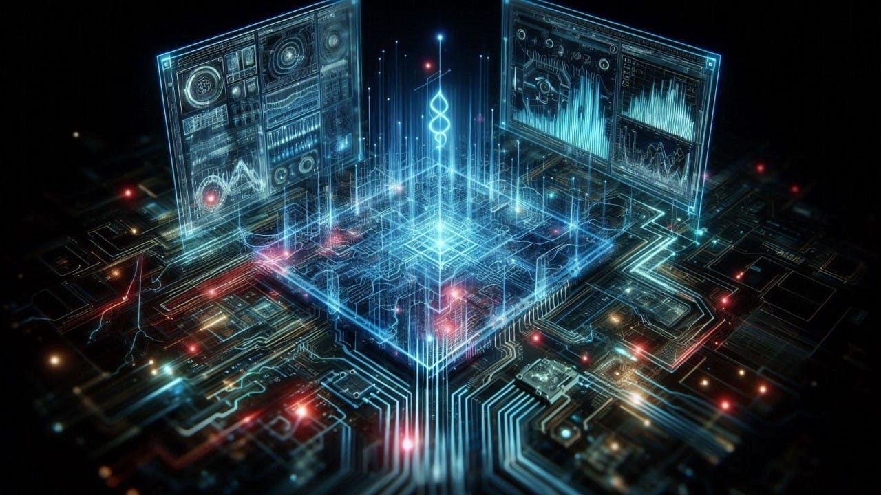 Futuristic digital interface displaying holographic graphs and data charts over a circuit board, with glowing lines and nodes, symbolizing advanced technology and data analysis.