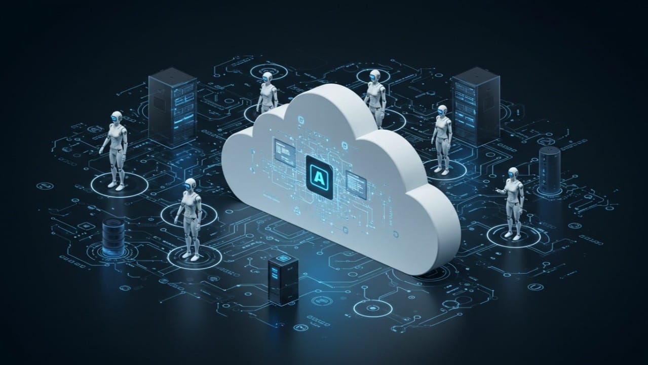 Cloud computing concept: a large white cloud icon with circuits, surrounded by humanoid robots and servers, against a dark background, symbolizing connectivity and technology integration.