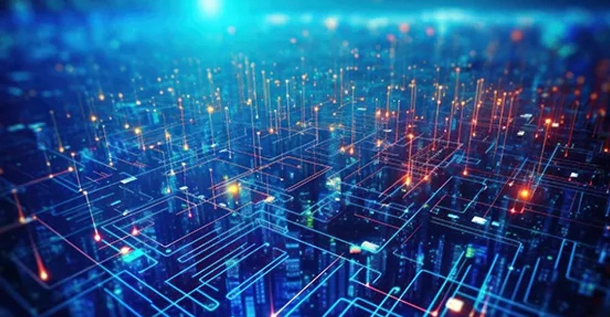 Futuristic digital network with interconnected glowing lines and nodes over a cityscape, set against a bright blue and orange background.