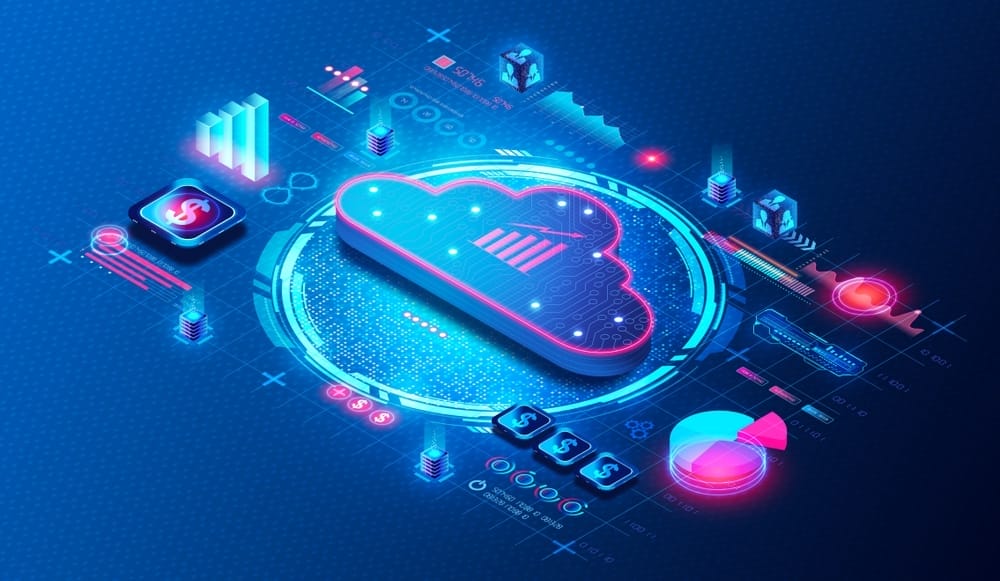 Futuristic digital cloud with circuit patterns, surrounded by data charts, dollar symbols, and glowing neon elements on a blue background.