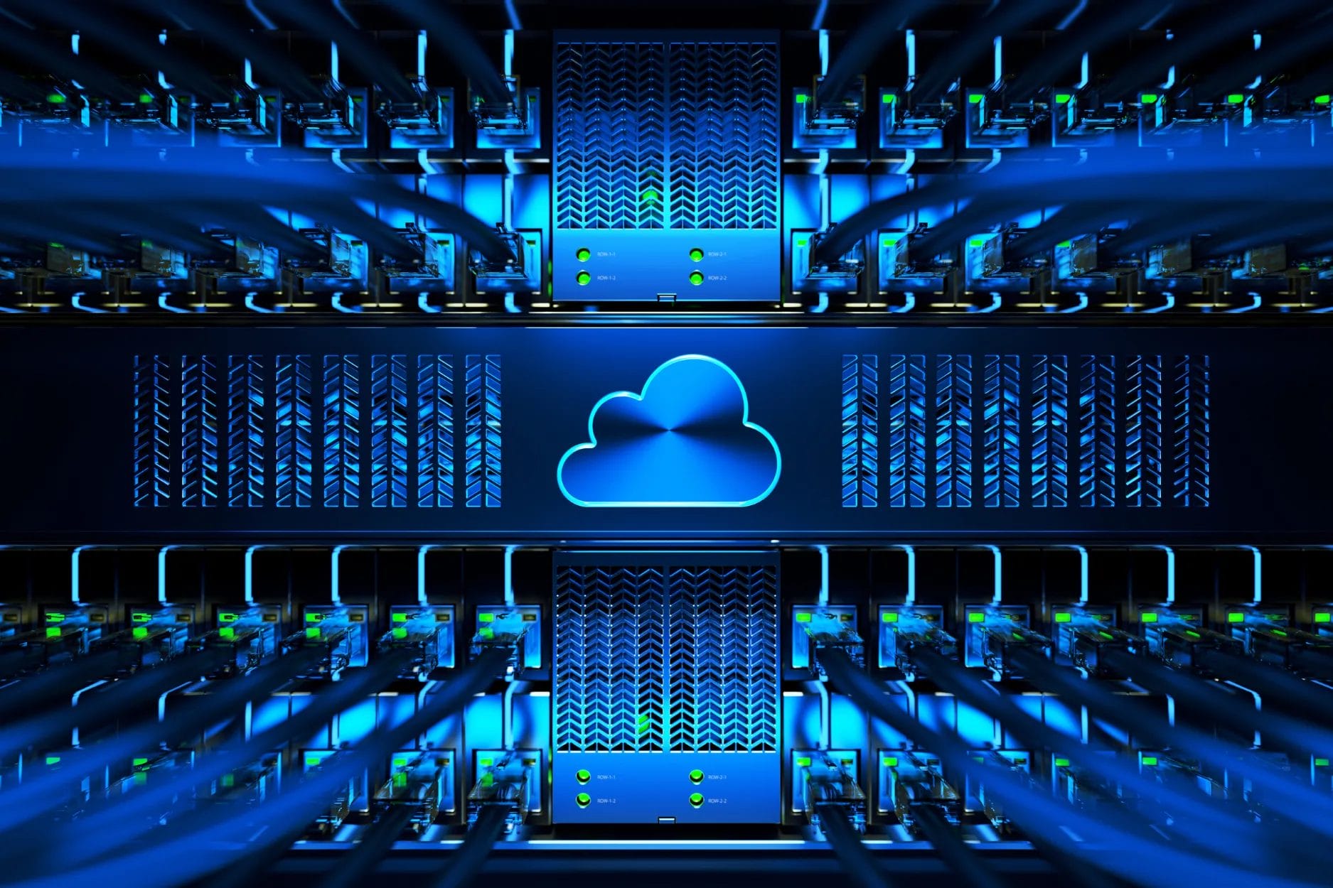 A futuristic data server room with glowing blue lights and a cloud icon in the center. Rows of servers with visible cables create a symmetrical, high-tech environment.