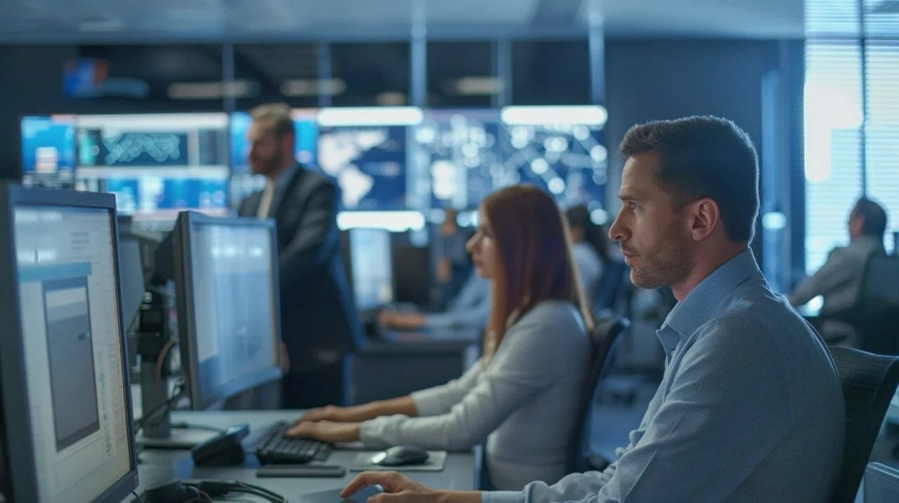 People working at computer stations in an office with multiple monitors and displays in the background.