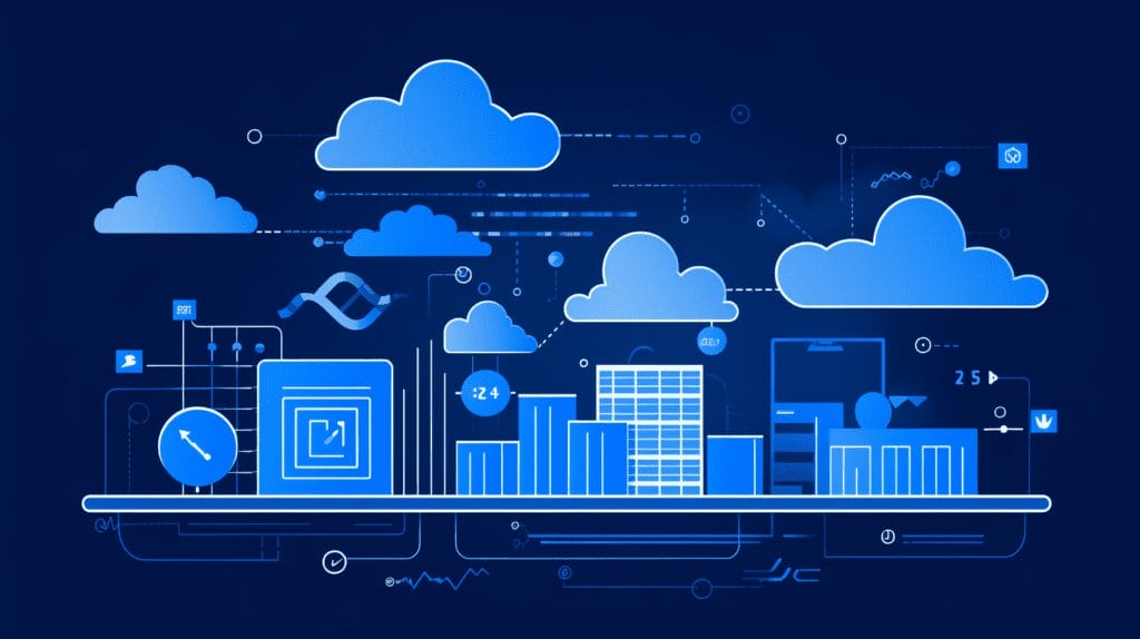 Blue and white digital illustration of cloud computing concepts, featuring clouds, graphs, buildings, and various tech symbols interconnected against a dark background.