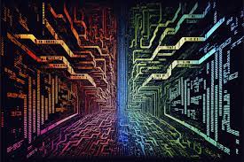 A colorful, abstract digital circuit design with intricate pathways and patterns, displaying a range of colors from red to blue to green.