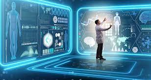 A person in a lab coat interacts with a futuristic touchscreen interface displaying medical data and human anatomy images in a digital environment.