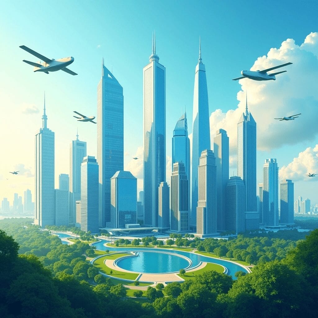 A futuristic city skyline with towering skyscrapers and flying aircraft, set against a backdrop of clear blue skies, surrounded by lush greenery and a circular water feature.