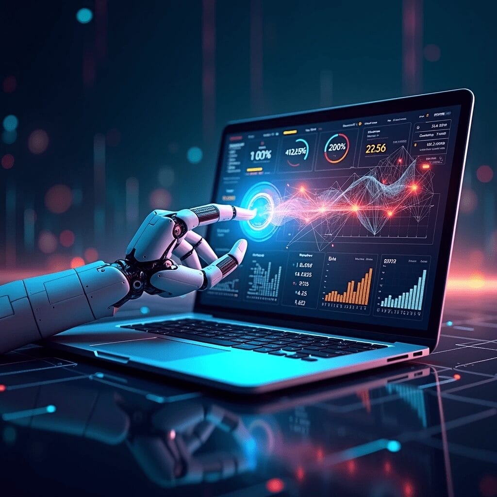 A robotic hand interacts with a laptop displaying data charts and graphs, illuminated by a digital network background.