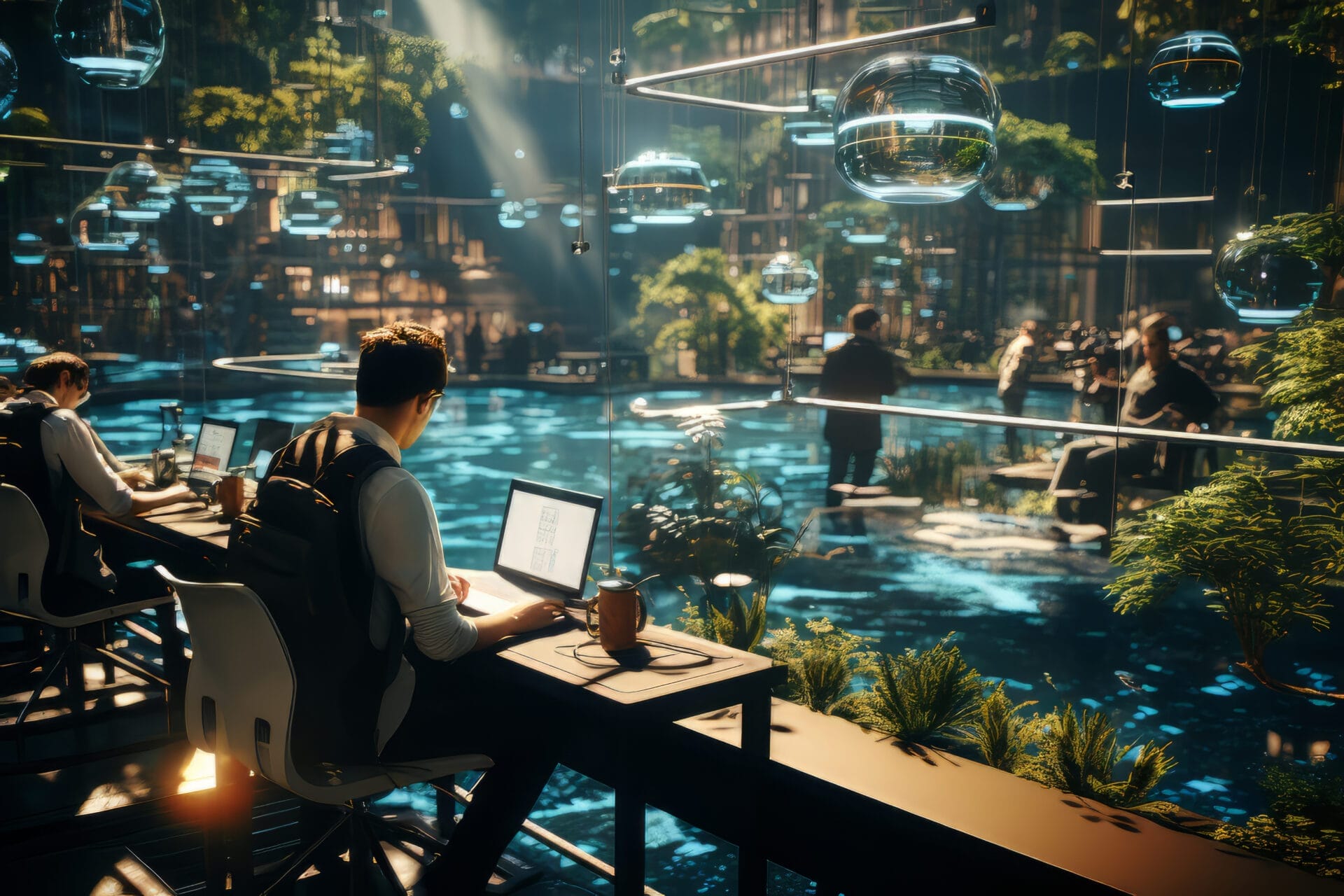 People work on laptops in a futuristic, greenhouse-like office space where floating spheres and abundant greenery seamlessly blend with cutting-edge database performance management tools.