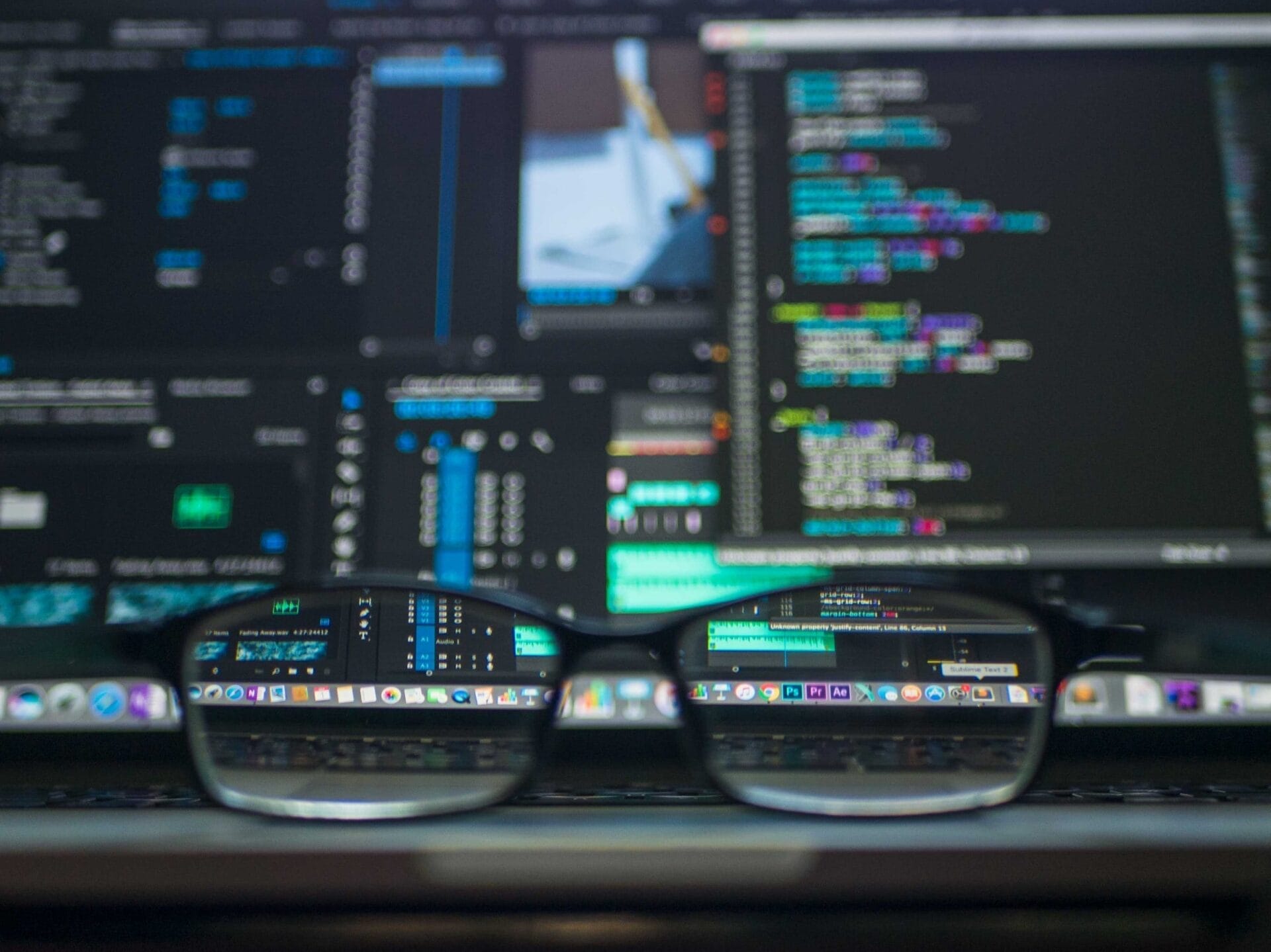 A pair of glasses rests on a laptop keyboard, reflecting various programming code and data on the screen in the background.