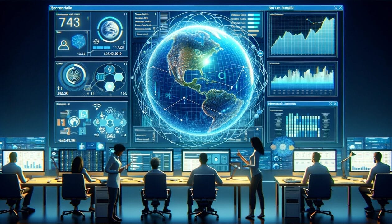People sit at desks with multiple monitors, viewing data visualizations on a large digital display showing Earth, graphs, and charts in a control room setting.