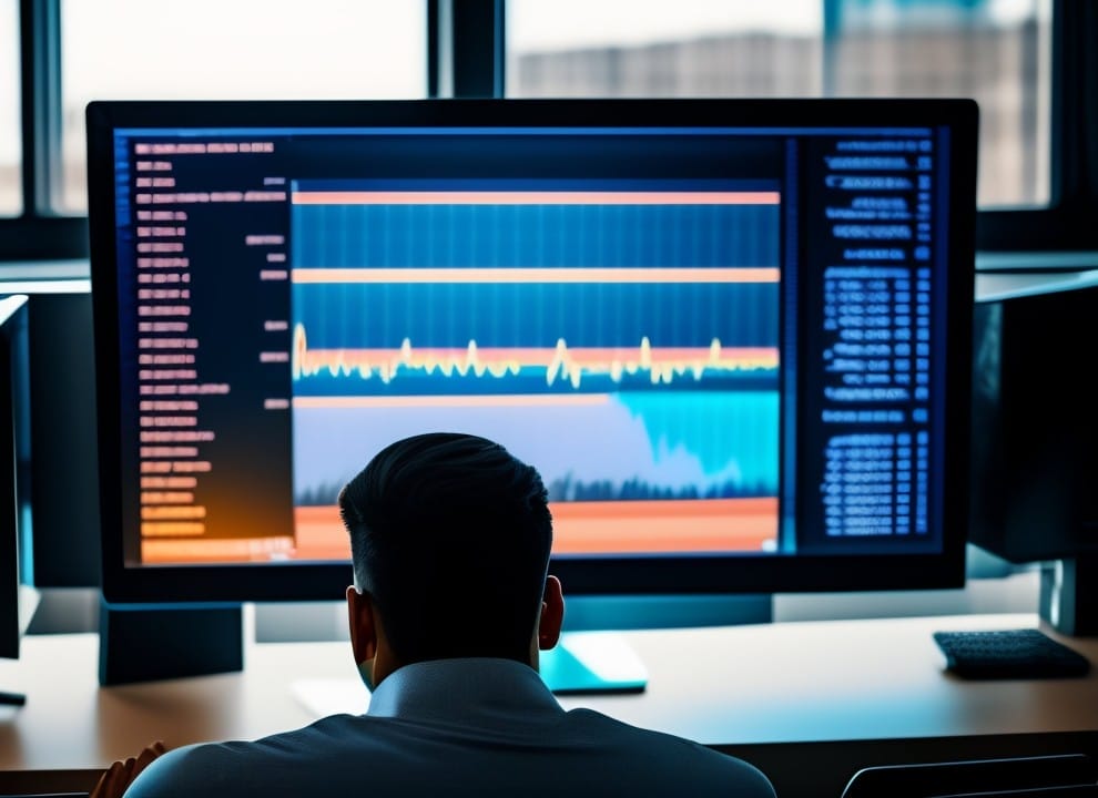A person sits at a desk looking at a large computer monitor displaying data charts and graphical analysis.