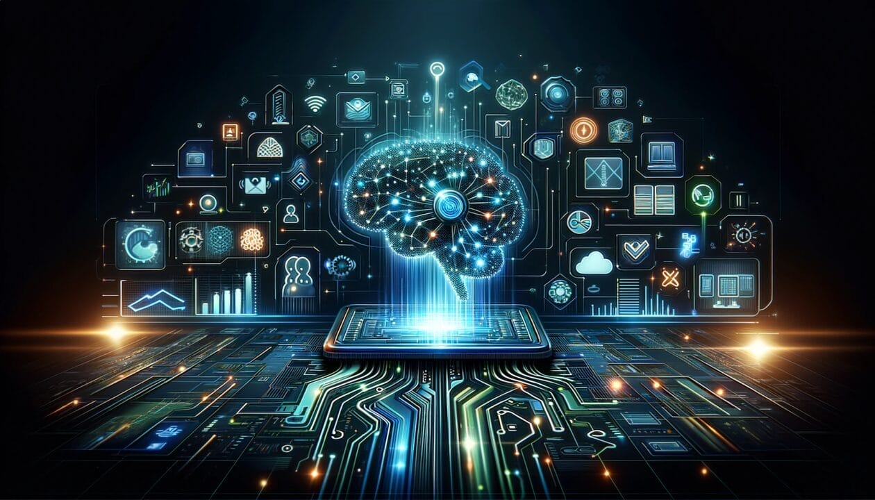 A digital brain emits light, connecting to various icons representing technology and communication, emerging from a circuit board on a dark background.