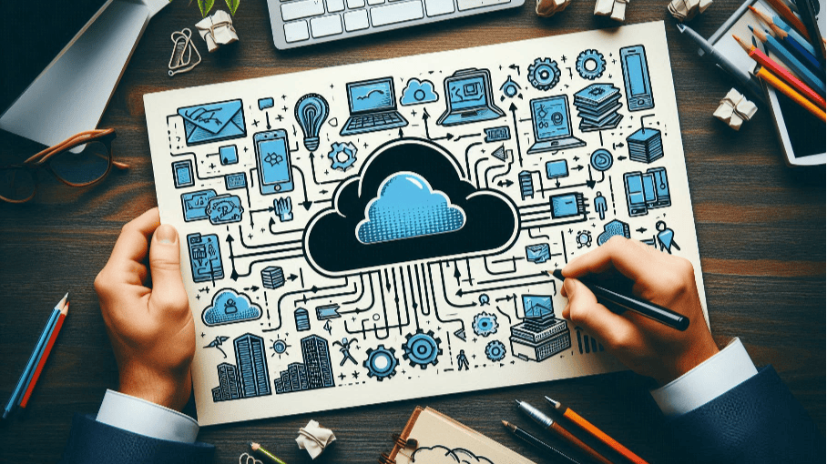 Hands drawing a cloud computing concept diagram with various blue and black tech and data icons, surrounded by office supplies and a keyboard on a wooden desk.