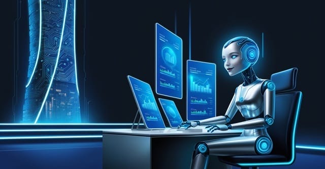 A humanoid robot sits at a desk with multiple holographic screens displaying data charts and graphs in a futuristic, high-tech environment.
