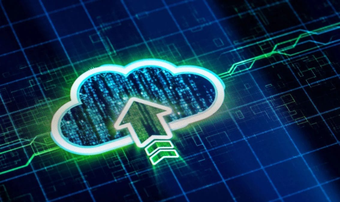 A glowing cloud icon with an upward arrow is displayed on a digital grid background, symbolizing cloud computing or data upload.