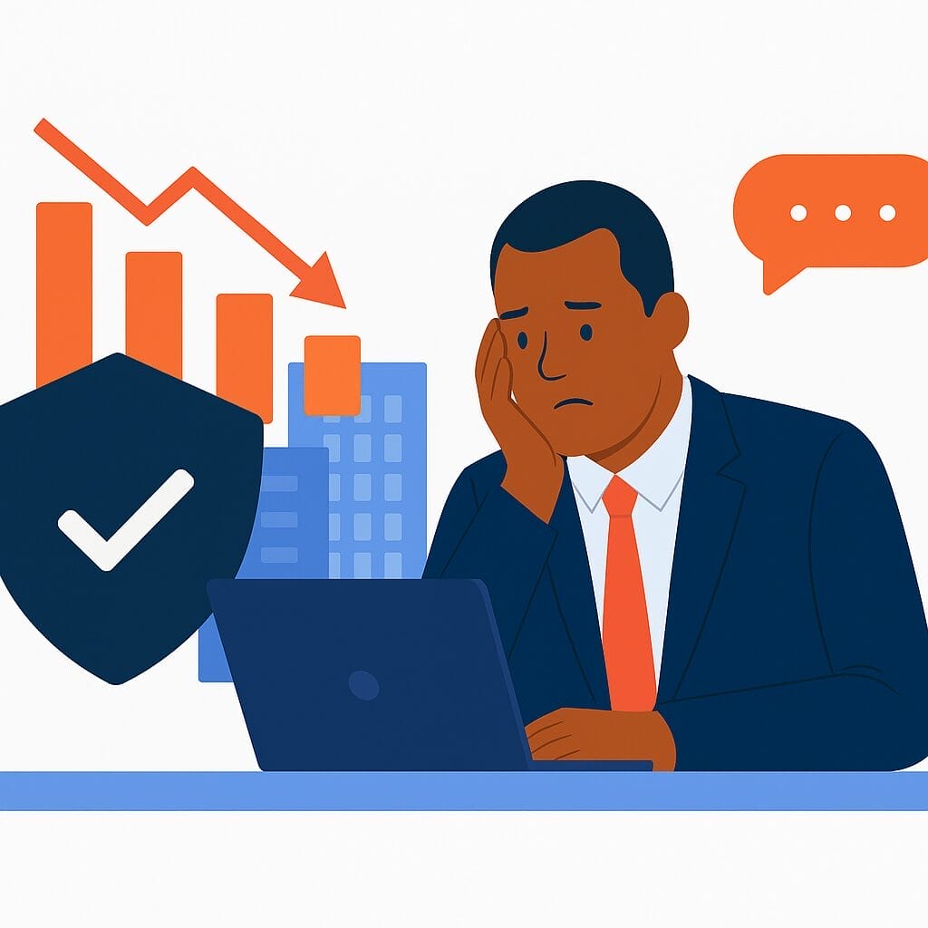 A man in a suit looks worried while using a laptop, with downward graphs, a DBPM for Insurance shield icon, and a chat bubble in the background, suggesting business or financial concerns.