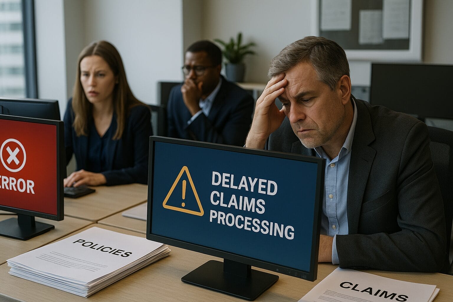 Three office workers look frustrated at their desks as computer screens display error messages and delayed claims processing—an issue DBPM for Insurance can help solve. Folders labeled "Policies" and "Claims" are scattered on their desks.