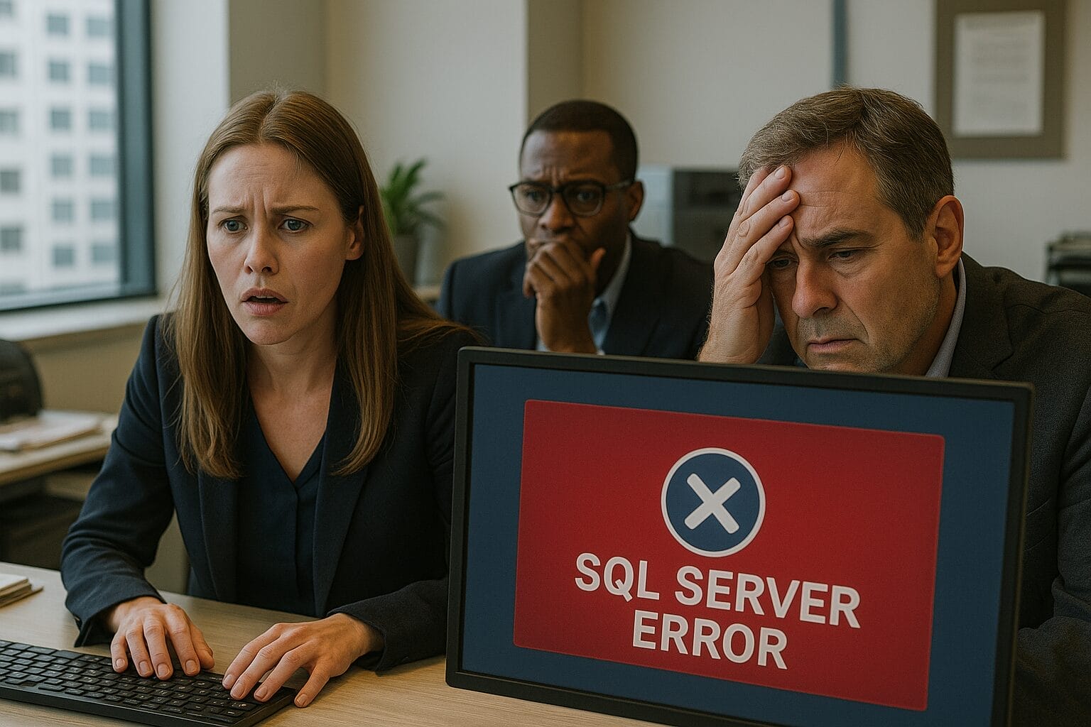Three office workers look concerned while sitting at a desk, with a computer screen displaying a large "SQL Server Error" message during a DBPM for Insurance workflow.
