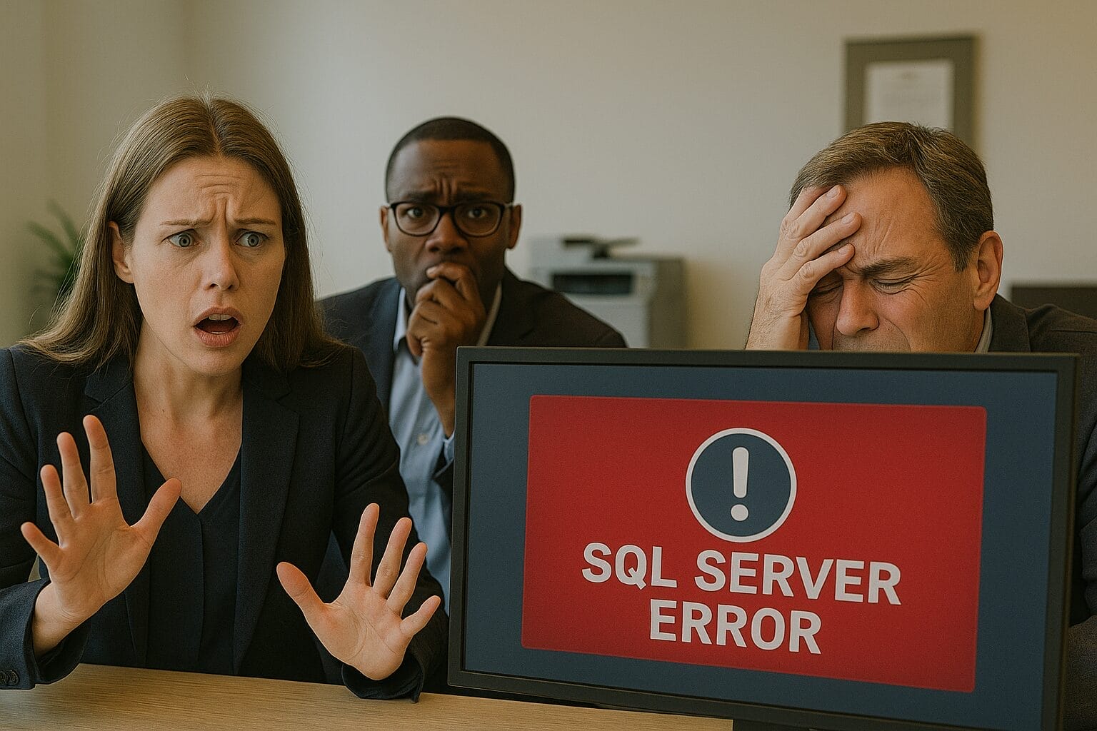 Three people in business attire look distressed in front of a monitor displaying a red screen with the text "SQL SERVER ERROR," highlighting the importance of reliable DBPM for Insurance solutions.