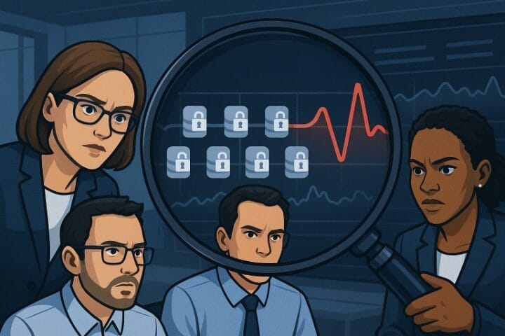 Four professionals examine a magnified screen showing padlock icons and a red line graph, suggesting analysis of cybersecurity or data protection issues, perhaps using DBPM for Insurance to enhance security strategies.