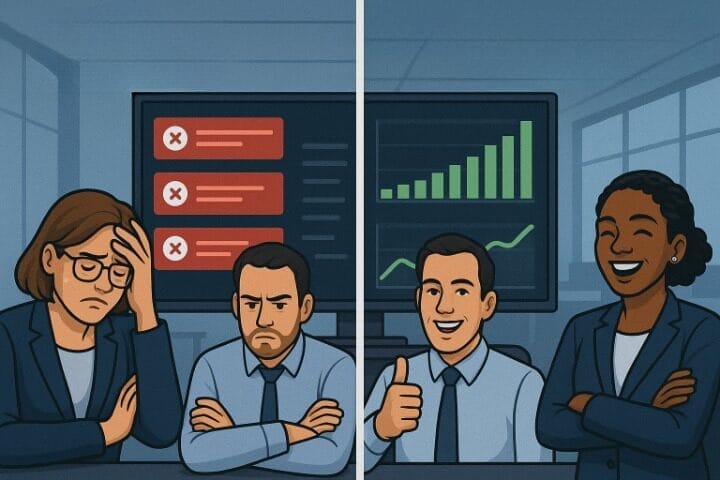 Split image of two business teams in an office; left side looks frustrated with negative charts, while the right side, leveraging DBPM for Insurance, appears happy with positive charts in the background.
