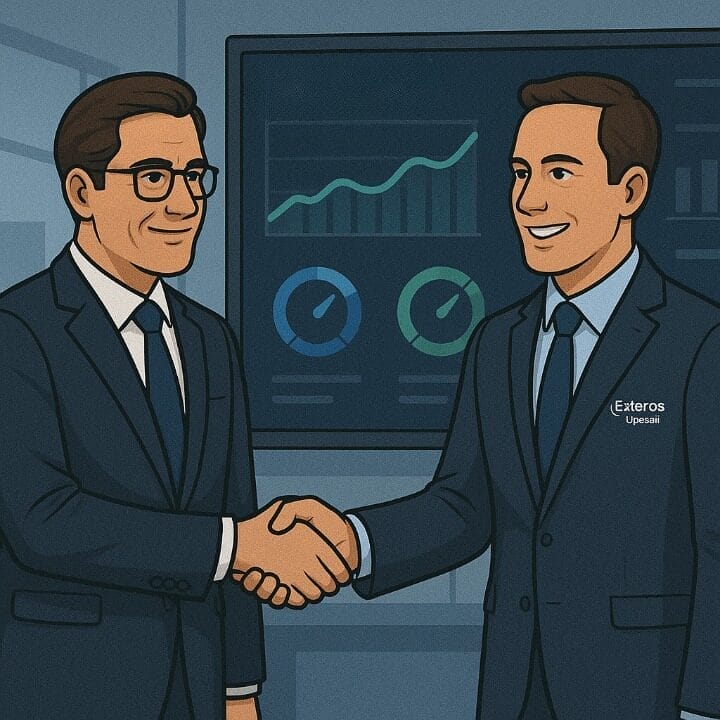 Two men in suits shake hands in an office, with charts and graphs displayed on a screen labeled 