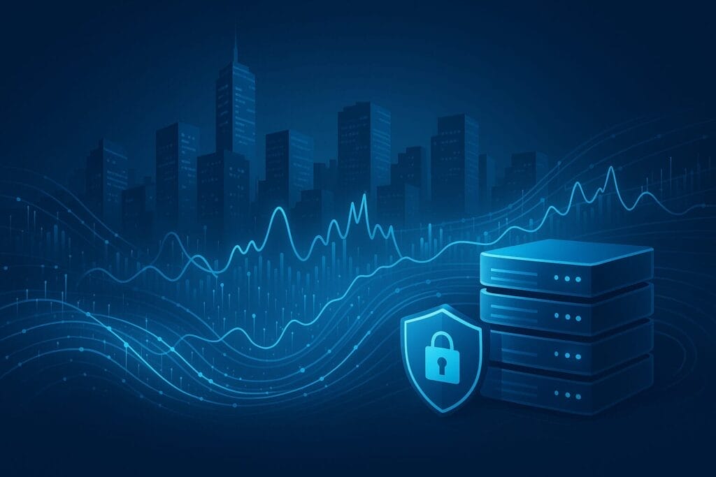 Illustration of server stacks with a shield and padlock symbol in front, abstract city skyline and digital data waves in the background, representing cybersecurity and data protection for financial services.