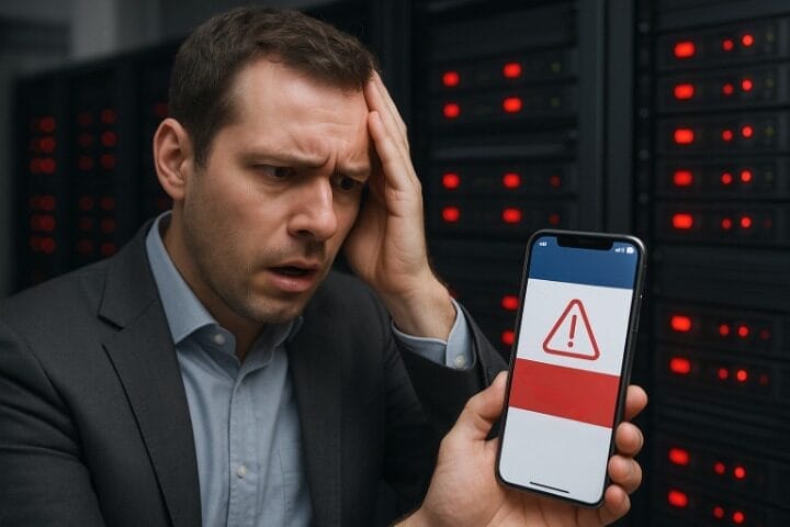 A concerned man in a server room looks at a smartphone displaying a red warning symbol with an exclamation mark, highlighting the importance of DBPM for Insurance in managing critical data and system alerts.
