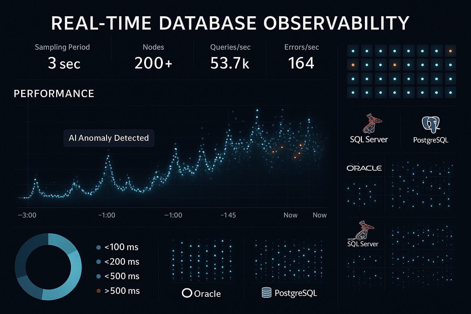 Dashboard displaying real-time database observability metrics, including performance graph, query speed, error count, and visualizations for Oracle, SQL Server, and PostgreSQL databases in Financial Services environments.
