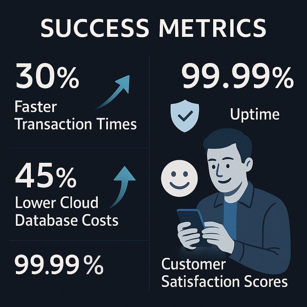Infographic highlighting Financial Services success metrics: 30% faster transaction times, 45% lower cloud database costs, 99.99% uptime, and high customer satisfaction scores.