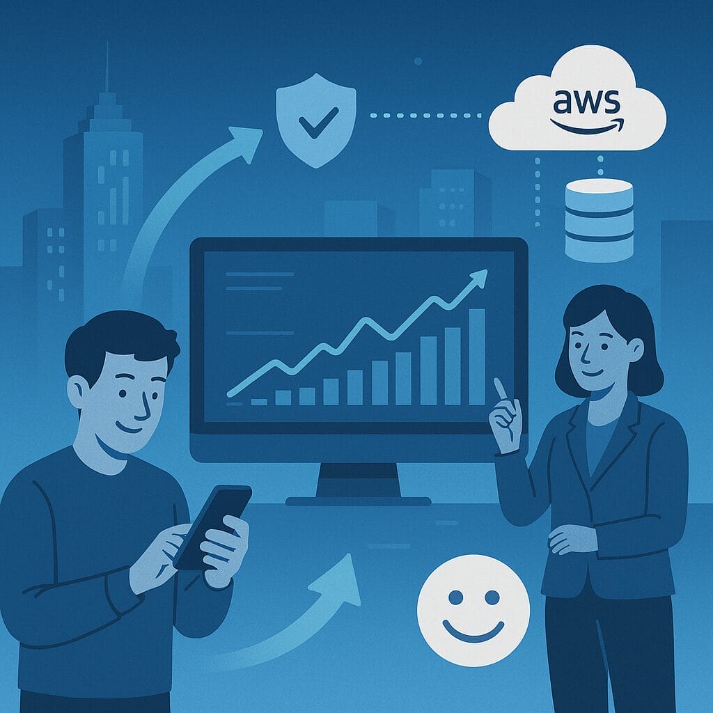 Two people discuss data analytics in front of a screen showing a rising graph, with AWS cloud, security, and database icons—highlighting the role of DBPM for Insurance in transforming industry insights.
