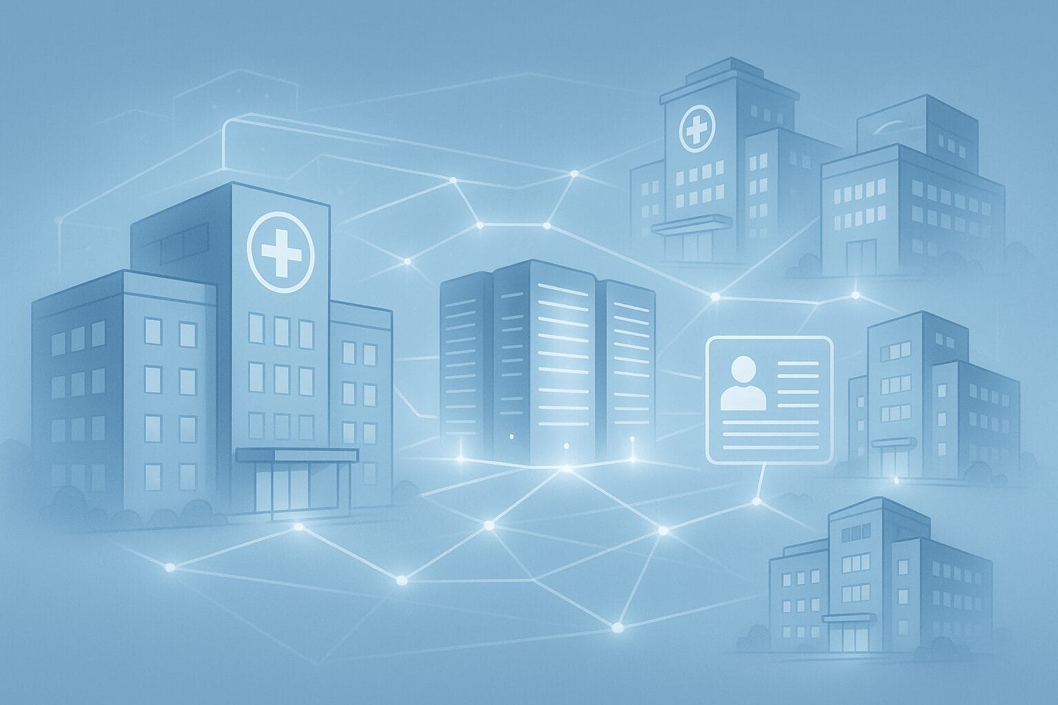Illustration of interconnected hospitals and data servers with digital profiles, representing healthcare data sharing and networked healthcare facilities.