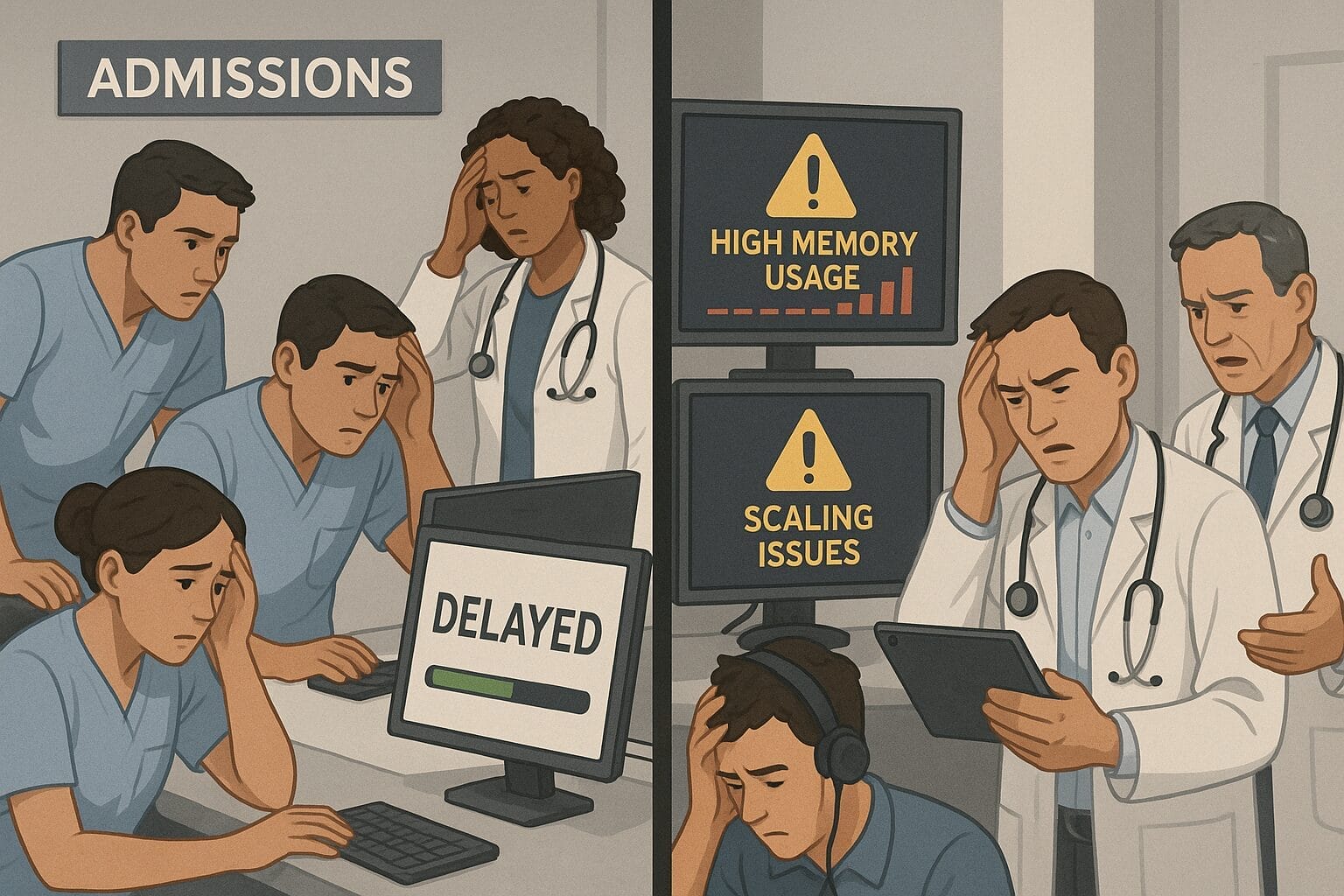 Medical staff in a healthcare admissions setting look frustrated by computer screens displaying "DELAYED," "High Memory Usage," and "Scaling Issues" warnings.