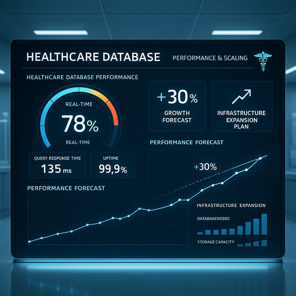 Digital healthcare dashboard displays key database performance metrics, including a 78% real-time rate, 99.9% uptime, 135 ms query response, and a projected 30% growth and expansion plan.