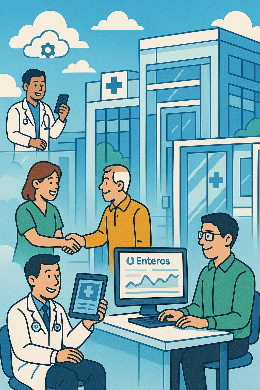 Illustration of doctors interacting with patients, using digital devices and screens with the Enteros logo and DBPM for Insurance features, in front of a modern medical facility.