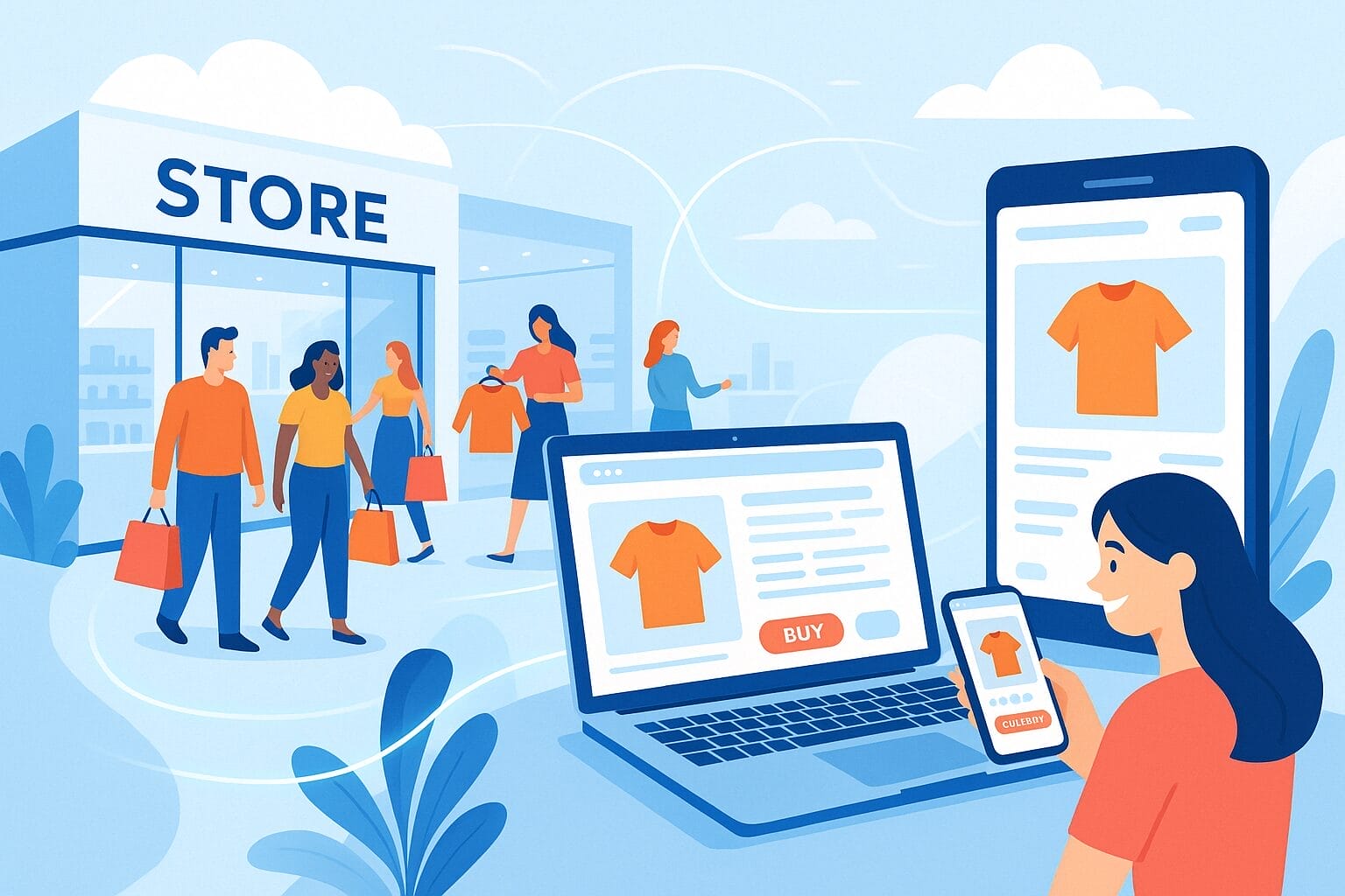 Illustration showing people shopping at a physical store, while others shop online using a laptop, smartphone, and tablet displaying a product page with an orange shirt.